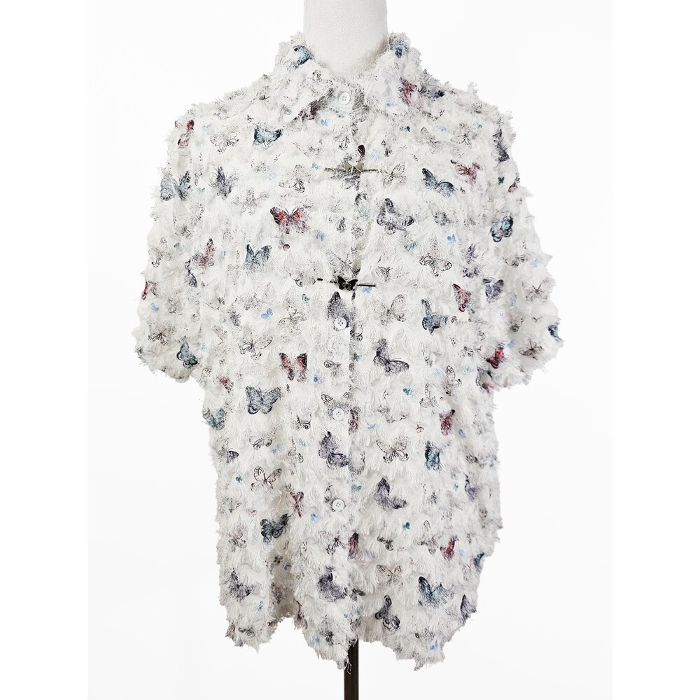 Butterfly Large/XL Semi Sheer Fuzzy Tassel Unisex Button Down Shirt
